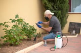 Man checking his phone for information, while spraying plants in the garden, equipped with protective gear