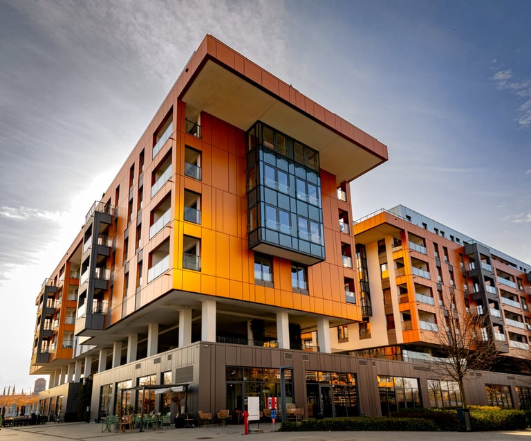 Contemporary residential house development in Gdansk. Facade of new block house.