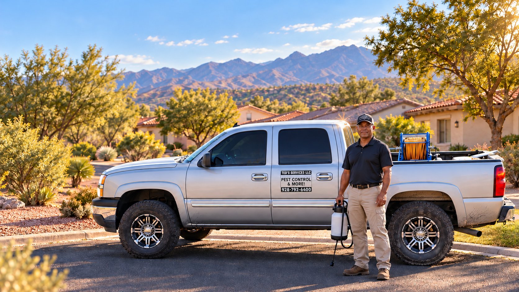 A man in a black shirt stands beside a white pickup truck in a desert landscape with mountains and desert vegetation in the background.