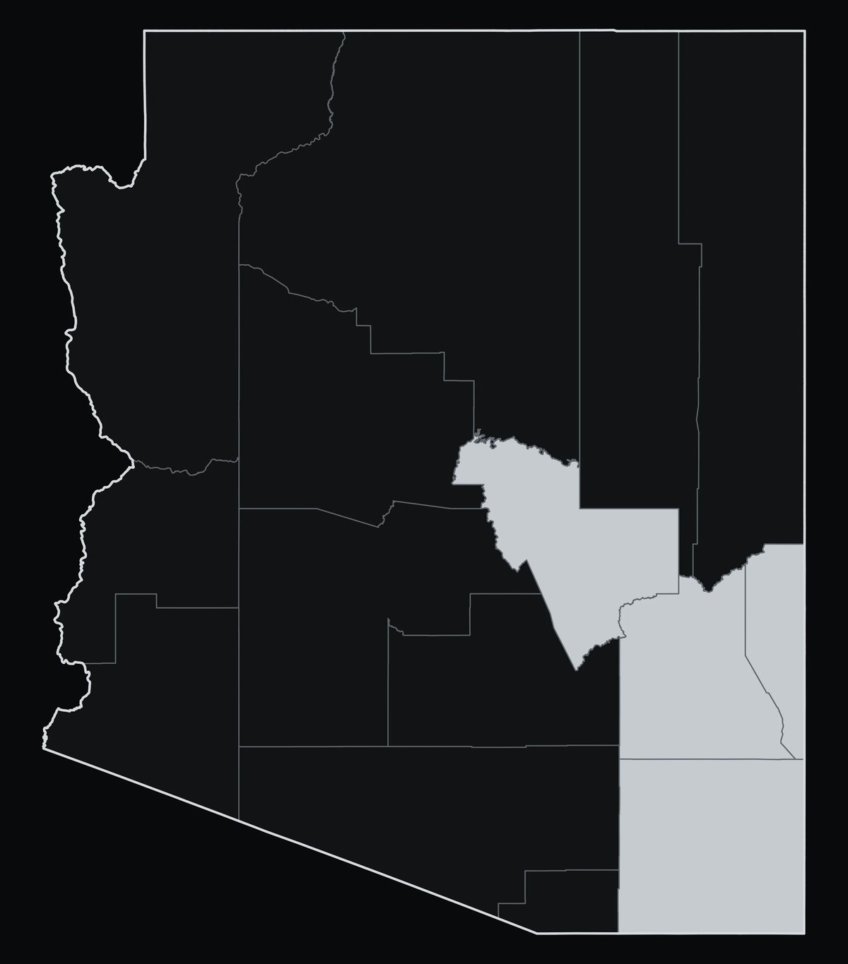 Map of Arizona showing certain counties highlighted in light gray against a dark background, with county borders outlined.