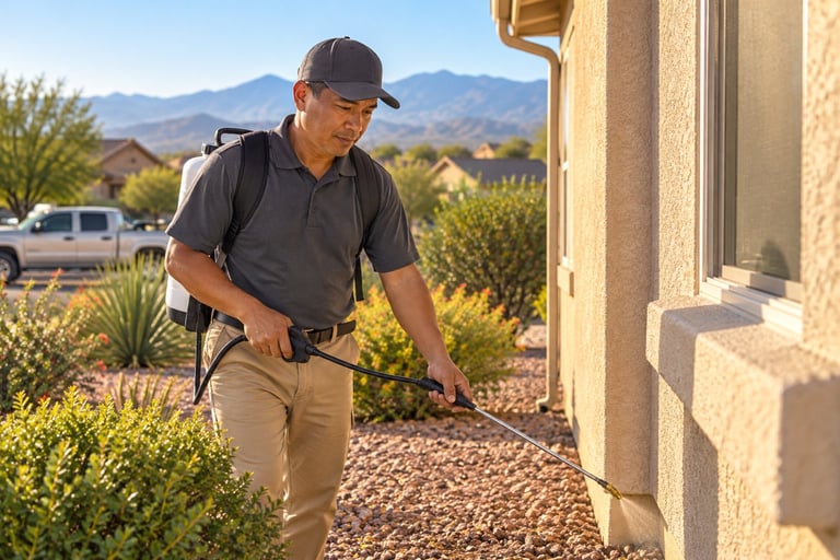 Pest control technician spraying pesticide on ground near residential home with desert landscaping and mountains in background